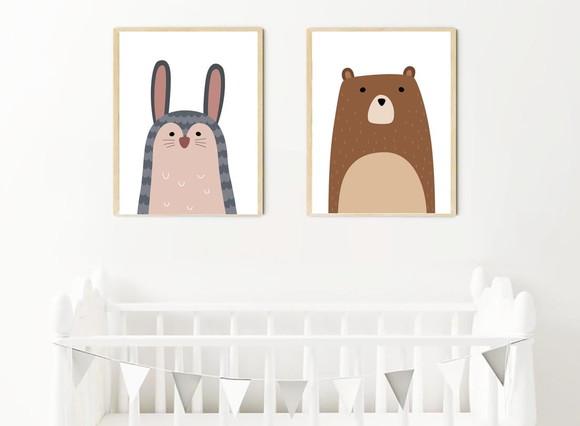 Kit Quadros Infantil Coelho e Urso Floresta A4