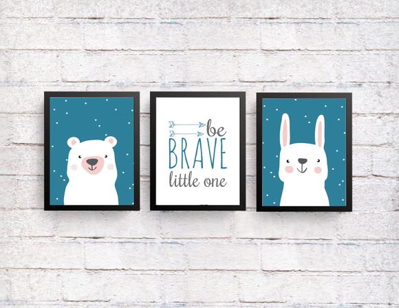 Kit Quadros Infantil Coelho Urso Be Brave Escandinavo A4
