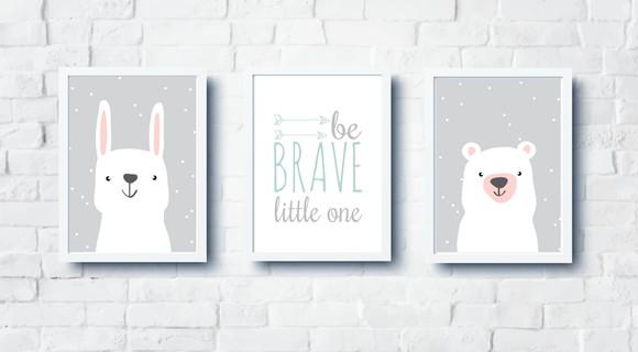 Kit Quadros Infantil Coelho Urso Be Brave Escandinavo A4