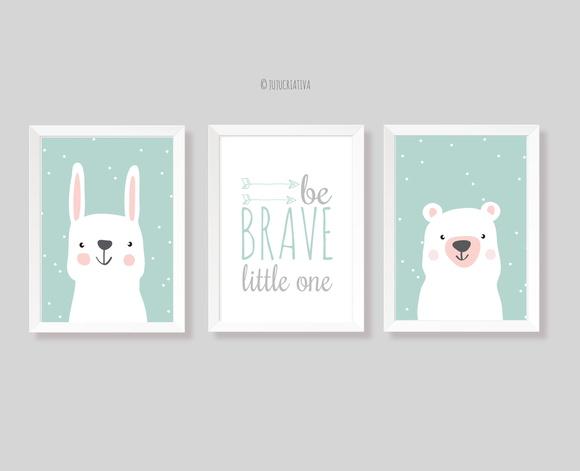 Kit Quadros Infantil Coelho Urso Be Brave Escandinavo A4