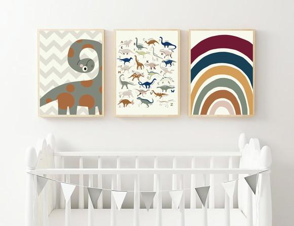 Kit Quadros Infantil Dinossauros Alfabeto e Arco Íris A3
