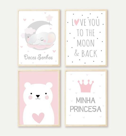 Kit Quadros Infantil Elefante Ursinha I Love You To The Moon