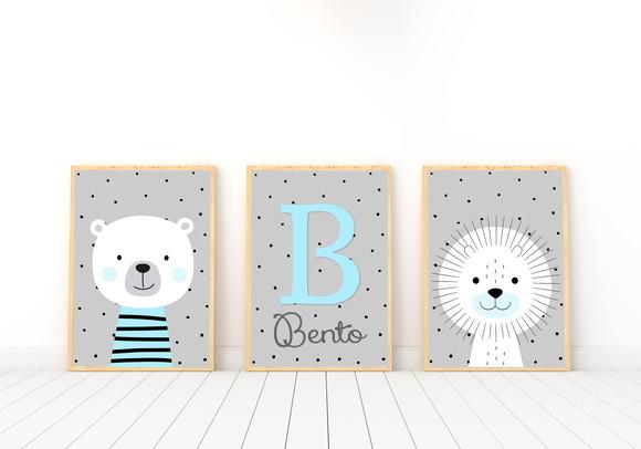 Kit Quadros Infantil Escandinavo Leão Urso e Nome A4