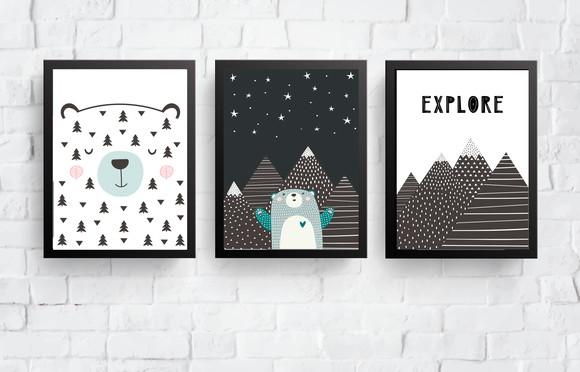 Kit Quadros Infantil Escandinavo Ursos Montanhas Explore
