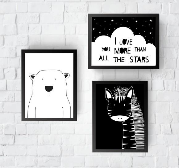 Kit Quadros Infantil Escandinavo Urso Polar Zebra e Nuvem