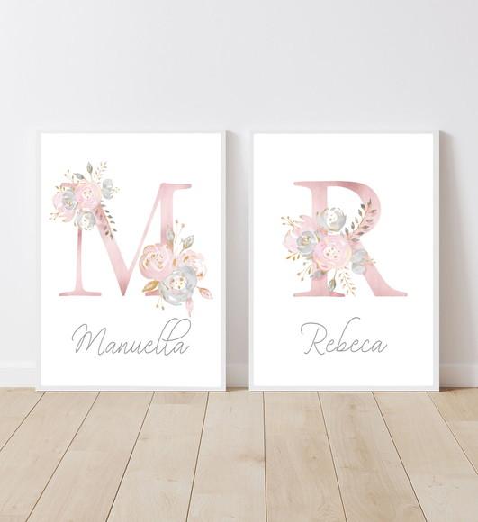 Kit Quadros Infantil Iniciais Nomes Floral Aquarela A4