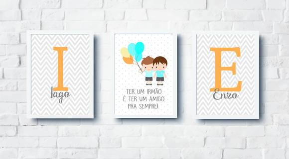 Kit Quadros Infantil Irmãos Balões e Nomes Personalizados