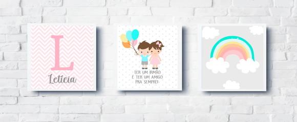 Kit Quadros Infantil Irmãos Balões Nome e Arco Íris