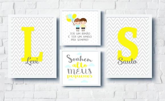 Kit Quadros Infantil Irmãos Balões Nomes