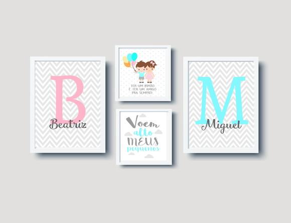 Kit Quadros Infantil Irmãos Balões Nomes
