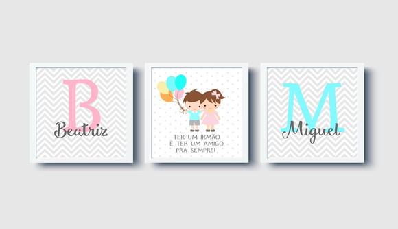 Kit Quadros Infantil Irmãos Balões Nomes
