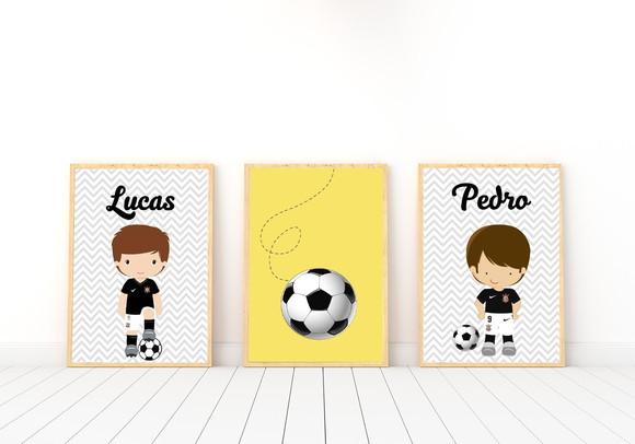 Kit Quadros Infantil Irmãos Jogadores Futebol e Nomes A4