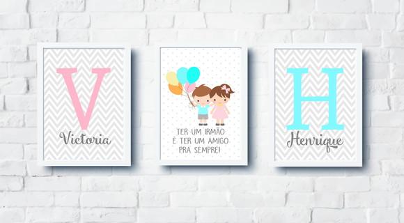 Kit Quadros Infantil Irmãos Balões Nomes A4