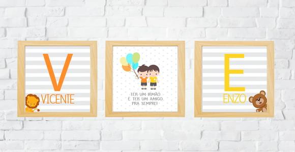 Kit Quadros Infantil Irmãos Meninos Balões e Nomes