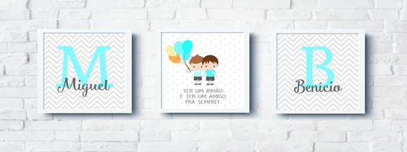 Kit Quadros Infantil Irmãos Meninos Balões e Nomes