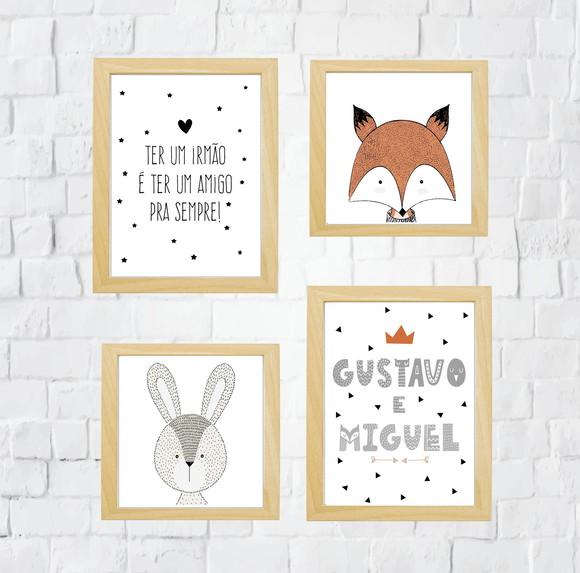 Kit Quadros Infantil Irmãos Raposa Coelho Nomes Escandinavos