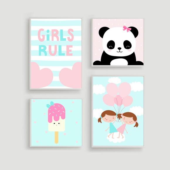 Kit Quadros Infantil Irmãs Balões Panda e Sorvete