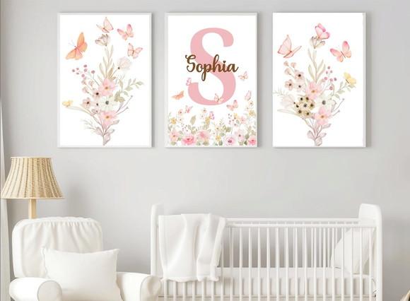 Kit Quadros Infantil Jardim Borboletas e Nome Floral A3