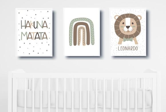 Kit Quadros Infantil Leão Arco Íris e Nome Personalizado A4