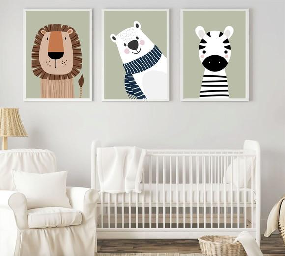 Kit Quadros Infantil Leão Urso Polar e Zebra A3