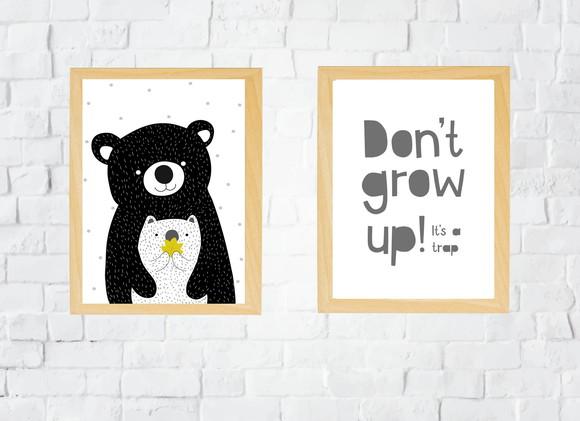 Kit Quadros Infantil Mamãe Ursa E Don't Grow Up