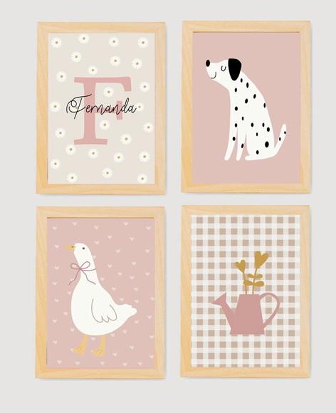 Kit Quadros Infantil Margaridas Cachorro e Ganso Fofo A3
