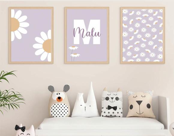 Kit Quadros Infantil Margaridas e Nome Personalizado A3