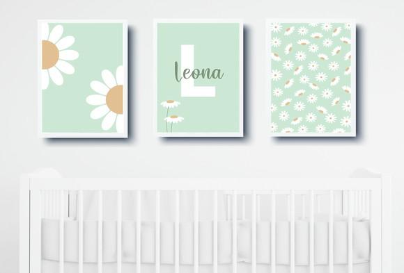 Kit Quadros Infantil Margaridas e Nome Personalizado A3