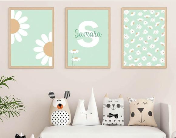 Kit Quadros Infantil Margaridas e Nome Personalizado
