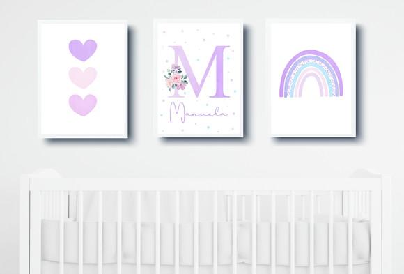 Kit Quadros Infantil Menina Arco Íris Corações e Nome A3