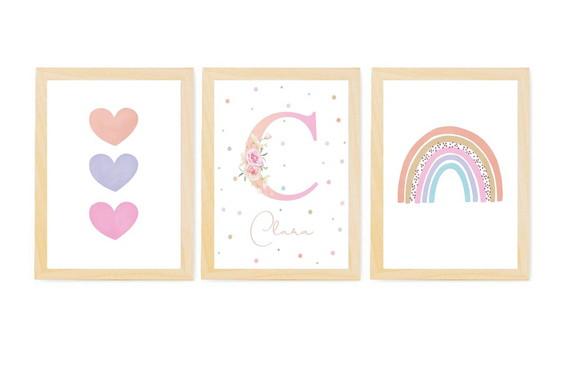 Kit Quadros Infantil Menina Arco Íris Corações e Nome A4