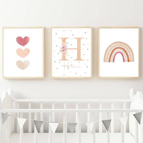 Kit Quadros Infantil Menina Arco Íris Corações e Nome A3