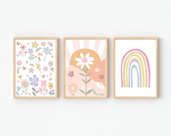 Kit Quadros Infantil Menina Margaridas e Arco Íris A3