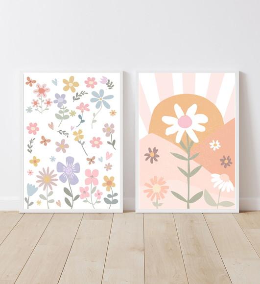 Kit Quadros Infantil Menina Margaridas e Sol Boho A3