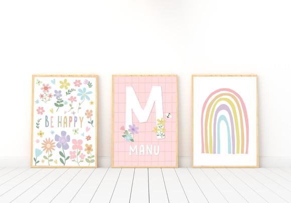 Kit Quadros Infantil Menina Flores Arco Íris e Nome A4