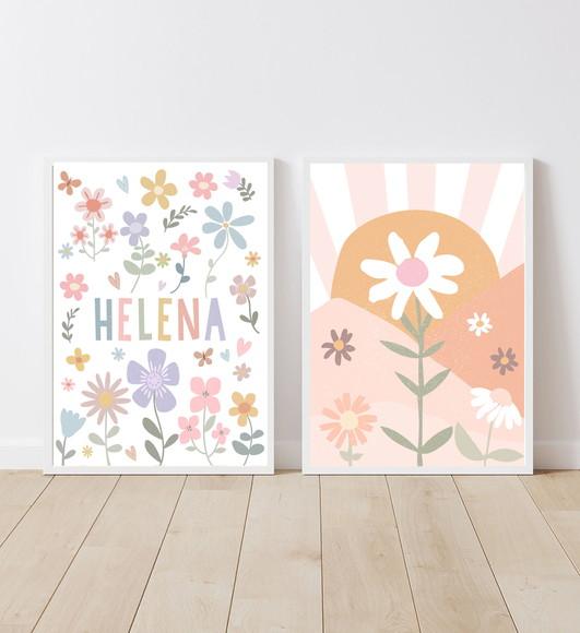 Kit Quadros Infantil Menina Margaridas e Sol Boho A4