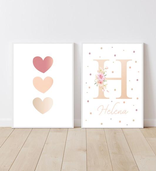 Kit Quadros Infantil Menina Nome Floral e Corações A3