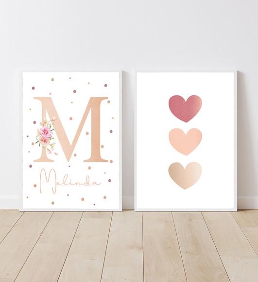 Kit Quadros Infantil Menina Nome Floral e Corações A3