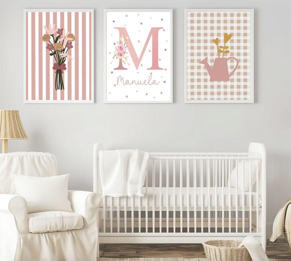 Kit Quadros Infantil Menina Vasos Flores e Nome Floral A3
