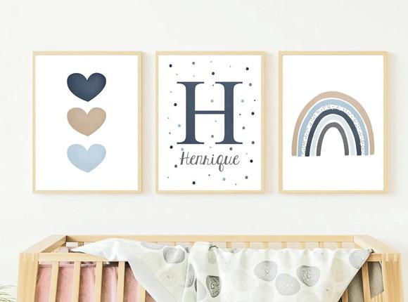 Kit Quadros Infantil Menino Arco Íris Corações e Nome A3