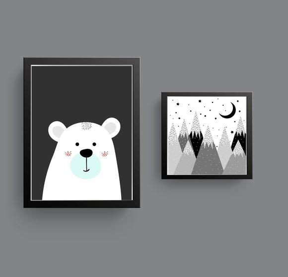 Kit Quadros Infantil Montanhas e Urso Escandinavo