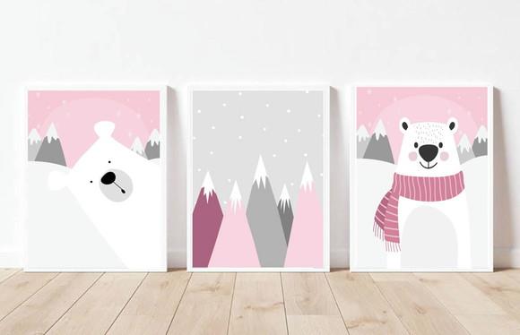 Kit Quadros Infantil Montanhas Rosa e Ursos Polares A4