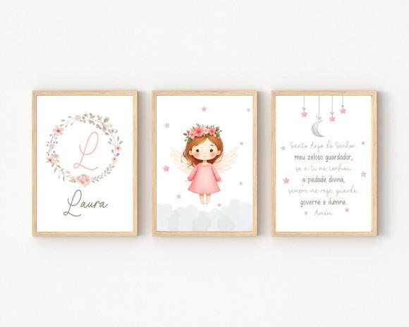 Kit Quadros Infantil Nome Floral Anjo e Oração A3