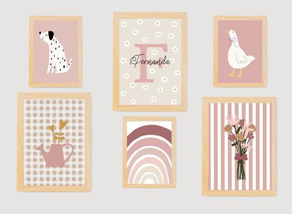 Kit Quadros Infantil Nome Floral Arco Íris Cachorro