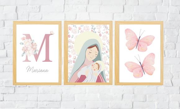 Kit Quadros Infantil Nossa Senhora Borboletas Nome Floral A3