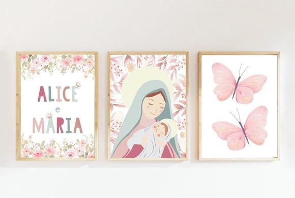 Kit Quadros Infantil Nossa Senhora Borboletas Irmãs Nomes A3