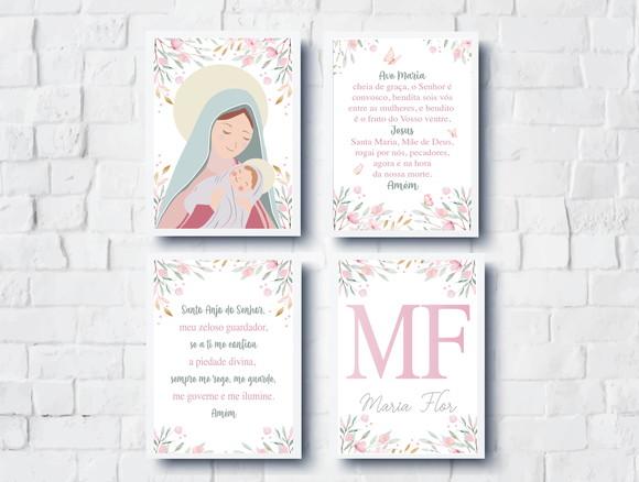 Kit Quadros Infantil Nossa Senhora -oração Anjo e Ave Maria
