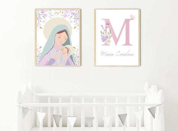 Kit Quadros Infantil Nossa Senhora e Nome Floral A3
