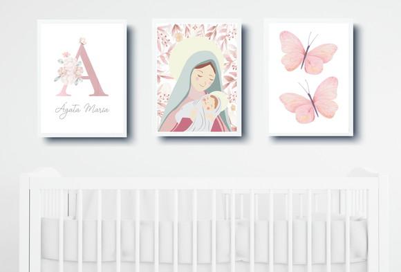 Kit Quadros Infantil Nossa Senhora Borboletas Nome Floral A3