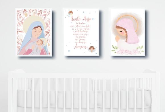 Kit Quadros Infantil Nossa Senhora e Oração Anjo da Guarda